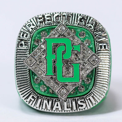 Perfect Game Baseball/Softball Green/Silver Finalist Ring Front