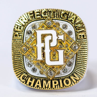Perfect Game Baseball/Softball White/Gold Champion Ring Front