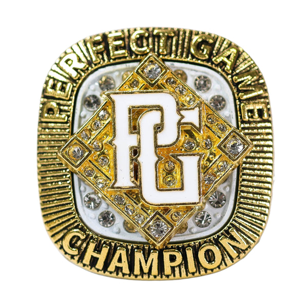 Perfect Game Baseball/Softball White/Gold Champion Ring Front